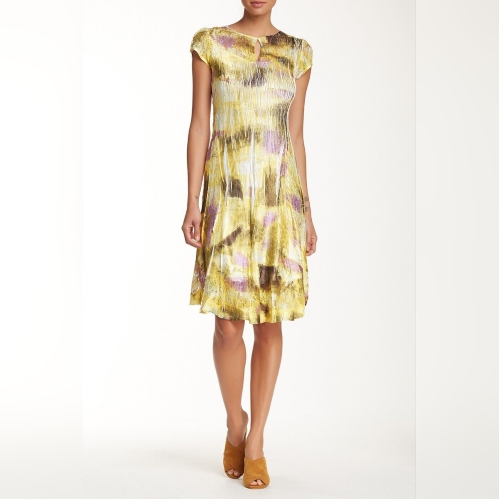Komarov Women's Illusion Neck Lace Short Cap Sleeve Crinkle A-Line Dress Size XL